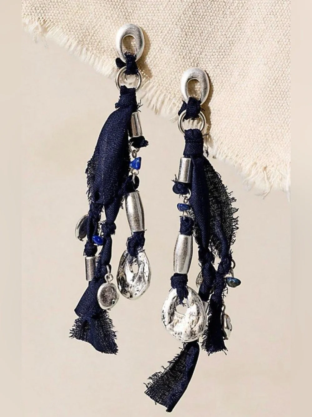 Free People Bohemian Navy Fabric & Silver Charm Drop Earrings, NWT - Picture 1 of 3